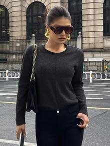 DAZY 女士基础款纯色拼接长袖T恤，宽松版型，商务休闲办公穿着，适合秋、冬、春季穿着。 - 黑色 - 查看 5