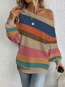 EMERY ROSE Casual Asymmetrical Colorful Striped Off-Shoulder Sweater For Women, Suitable For Autumn/Winter - Multicolor - View 4