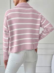 Suéter holgado de punto casual con cremallera y hombros caídos a rayas para mujer - Rosa Pálido - Ver 2