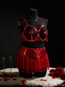 SpicyHot Sexy 5-teiliges Set in Große Größen mit herzförmigem, glänzendem, reflektierendem Top + G-String + Mini-Rock + Nippelklebern, romantisch für den Valentinstag - Rot - Übersicht 6