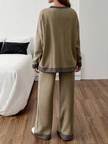 EURMUSE Two Pieces Sweater Set With Contrast Black Trim In Camel Knit Fabric Featuring V Neck Cardigan And Wide Leg Pants - Brown - View 2