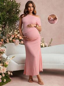 SHEIN 孕妇装 孕妇套装 夏季孕妇装 粉色孕妇套装：无袖不对称肩部上衣，不对称下摆 + 孕妇鱼尾裙。优雅针织提花面料，适合派对和情人节穿着。 - 粉色 - 查看 6