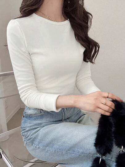 FRIFUL Camiseta de manga larga con cuello redondo, de unicolor, versátil y con forro térmico, para mujer, otoño/invierno