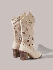 Styleloop Women's Western Style Woven Vacation Boho Chic Cowgirl Boots, Suitable For Music Festivals, Halloween, Christmas, And Parties Vacation Outfits Travel Essentials Cowboy Boots - Beige - View 4