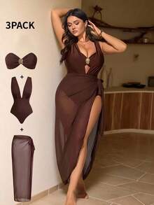Swim Chiccia Maiô Elegante de 3 Peças com Fivela de Metal Marrom, Pode Ser Usado Separadamente com Roupas, Adequado para Festa e Férias, Plus Size