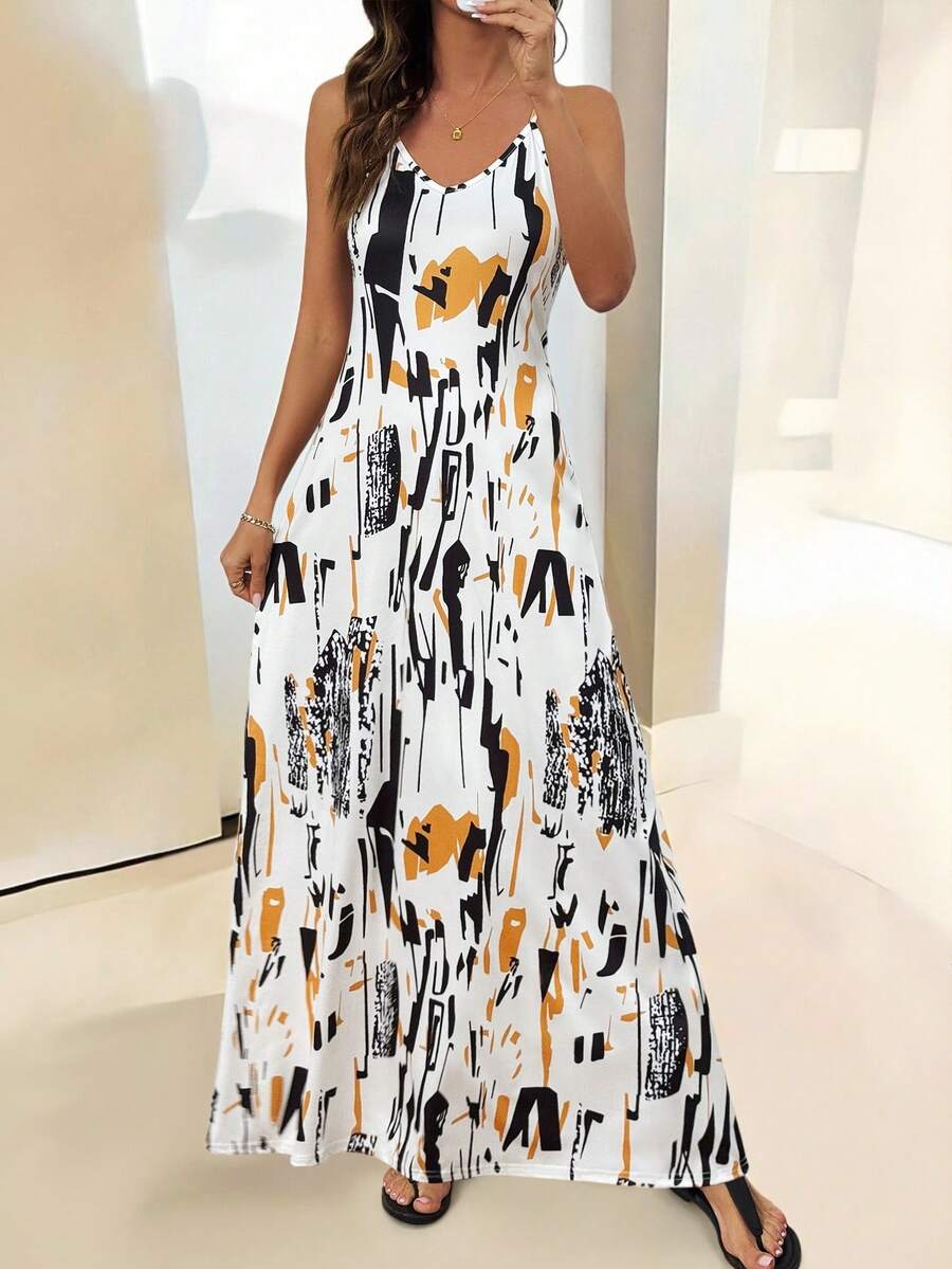 SHEIN Clasi Váy dây mảnh in họa tiết hoa nhiệt đới gợi cảm cho nữ - Màu be - Xem 1