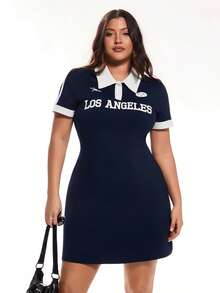Solavibe Plus Size Women Letter Print Polo Collar Short Sleeve Casual Dress,New Year Dress,Casual Dresses For Women,Casual Dresses,Casual Outfit For Women,,Vacation, Plus Size Tshirt Dress, Navy Blue Plus Size Dress, Athletic Dress Plus Size, Polo Dress, - Navy Blue - View 4