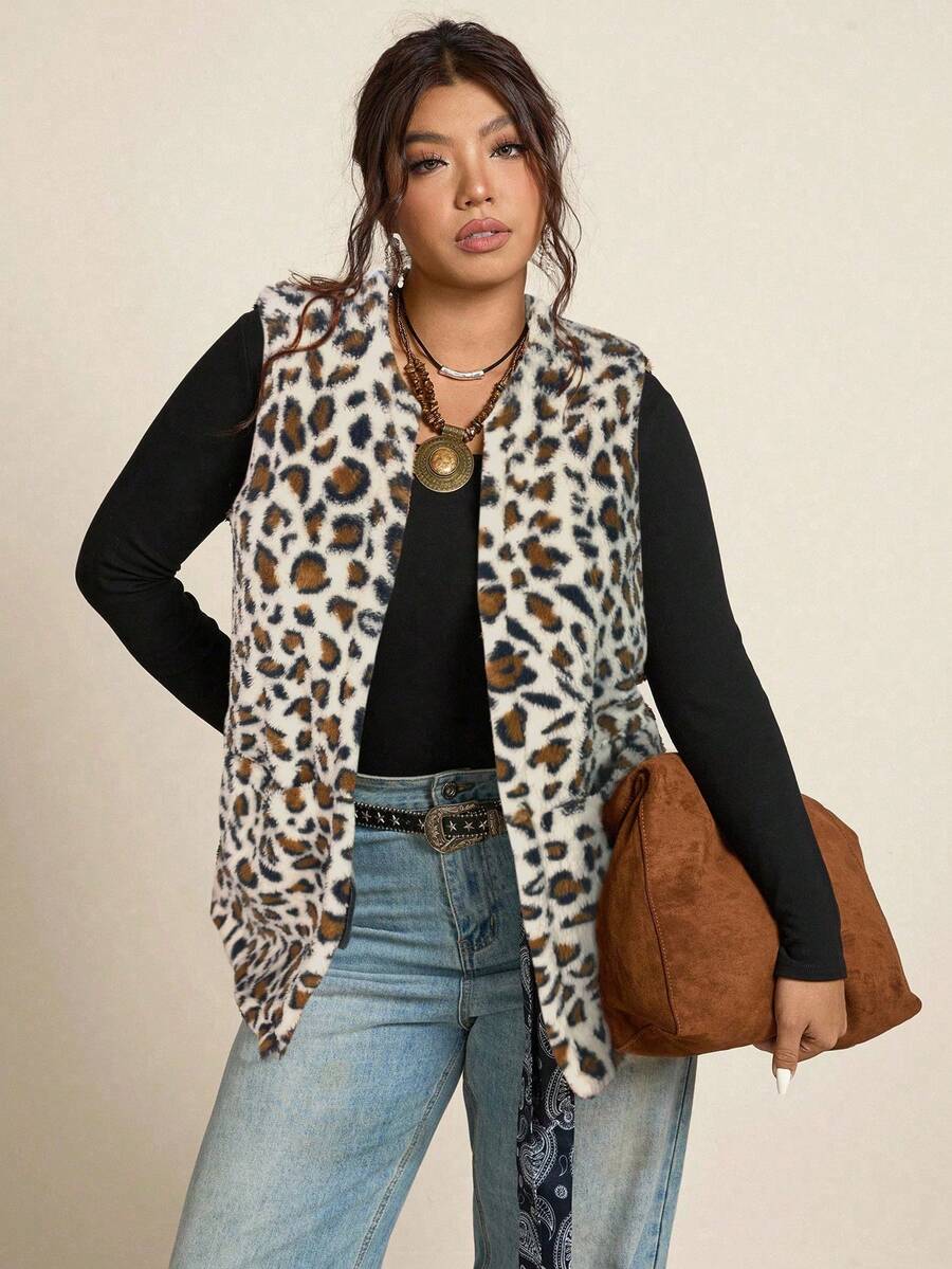 Freevana 大码女式休闲毛绒双口袋前开襟背心，适合秋季穿着。 - 白色 - 查看 1