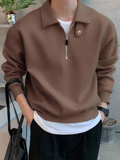 DAZY Men's Solid Color Polo Collar Adjustable Button Design Pullover Pullover Sweatshirt, Autumn/Winter