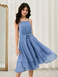 少女时尚纯色腰带多层吊带连衣裙 - 霧霾藍 - 查看 4