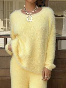 SHEIN EZwear 女士休闲蓬松黄色宽松套头衫 - Butter Yellow - 查看 4