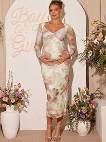 Loomaby 孕妇优雅印花扭结胸前甜心领开衩下摆修身连衣裙，适合春、夏、秋季穿着 - 彩色 - 查看 6