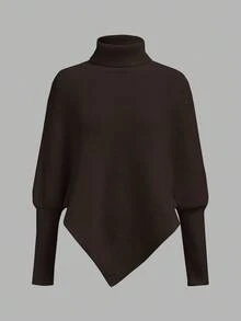 SHEIN PETITE 女士不对称蝙蝠袖下摆纯色高领毛衣，时尚百搭，适合假日度假，娇小身材也能轻松驾驭，品质升级，秋冬季款 - 棕色 - 查看 7