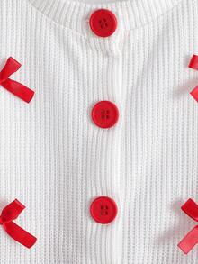 两件套女童白色开衫外套搭配红色蛋糕裙套装，长袖开襟单排扣开衫饰有3D红色蝴蝶结，搭配红色可爱蛋糕迷你裙，适合春、秋、初冬的休闲、通勤、万圣节、圣诞节等场合穿着。 - 紅色 - 查看 4