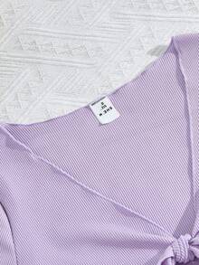 Vintaside Kids Conjunto de 2 peças com Top Casual de Verão com Acabamento em Alface e Nó na Frente e Vestido Camiseta com Estampa Floral Miúda para Meninas Pré-Adolescentes - Púrpura - Visão 7