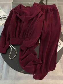 Resyla 2pcs Women Corduroy Hooded Zip-Up Sweatshirt Set, Spring/Autumn