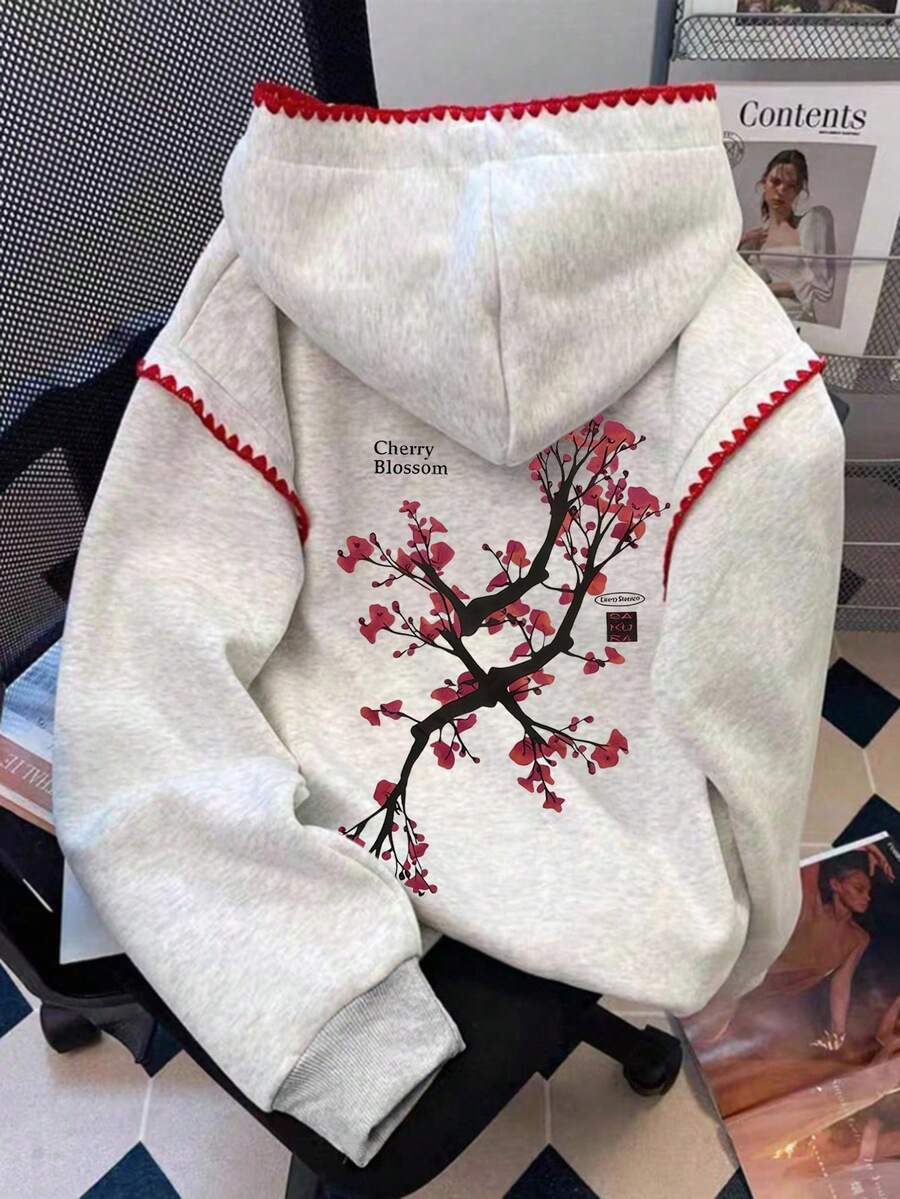 Resyla Standard Size Women's Casual Plum Blossom Print Hooded Sweatshirt - Light Grey - View 1
