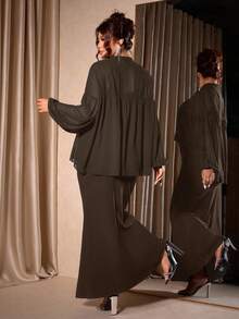 Cravure Plus Size Women's New Chinese Style Chiffon Shawl Collar Lightweight Sun Protection Shirt Jacket & Dress Cover-Up Set - Brown - View 2