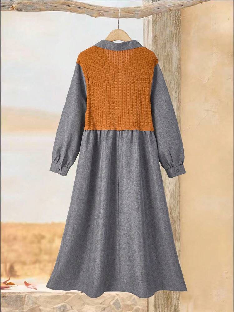 Plus Size Women Patchwork 2 In 1 Collared Long Sleeve Casual Dress Winter Clothes For Women Winter Dress Beach Dress Casual Dress For Women  Floral Dress Long Sleeve Dress Autumn Dress