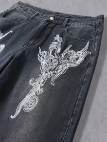 Manfinity Denimwave Quần jean ống rộng dáng rộng họa tiết cánh chéo, phong cách đường phố - màu đen - Xem 7