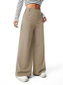 Sparklyn 少女休闲日常通勤简约纯色高腰宽松阔腿裤 - 棕色 - 查看 7