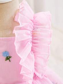 SHEIN 女婴可爱花卉刺绣荷叶边下摆无袖连衣裙，舒适柔软时尚休闲连衣裙，适合春、夏、秋季穿着，适合外出、聚会、送礼。 - 粉色 - 查看 5