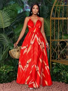 SOLERSUN 女士休闲假日深V领露背褶皱开衩大腿植物印花长裙 - 紅色 - 查看 4