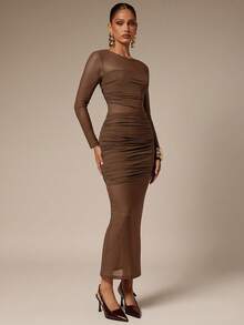 Silquee Women's Solid Color Pleated Mesh Patchwork Long Sleeve Dress - Brown - View 5