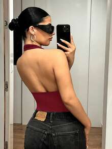 SHEIN ICON 性感Y2K深V领金属色连体衣，纯黑色 - 酒紅色 - 查看 2