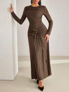 Veilorie Women's Elegant Solid Color Arabic Style Dress, Party Wear - Brown - View 6