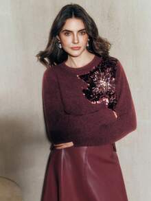 Anewsta Elegant Chic Autumn/Winter Sweater With Embroidered Sequin & Rhinestone Floral Decor, Round Neck - Bold Plum - View 4