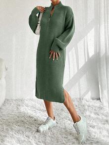 EURMUSE Women Knit Sweater Dress With Zipper Detail - Green - View 7