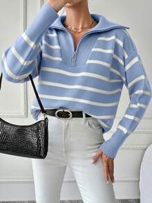 EURMUSE Áo len dệt kim dáng rộng, có khóa kéo, vai trễ dành cho nữ - Màu xanh nhạt - Xem 3