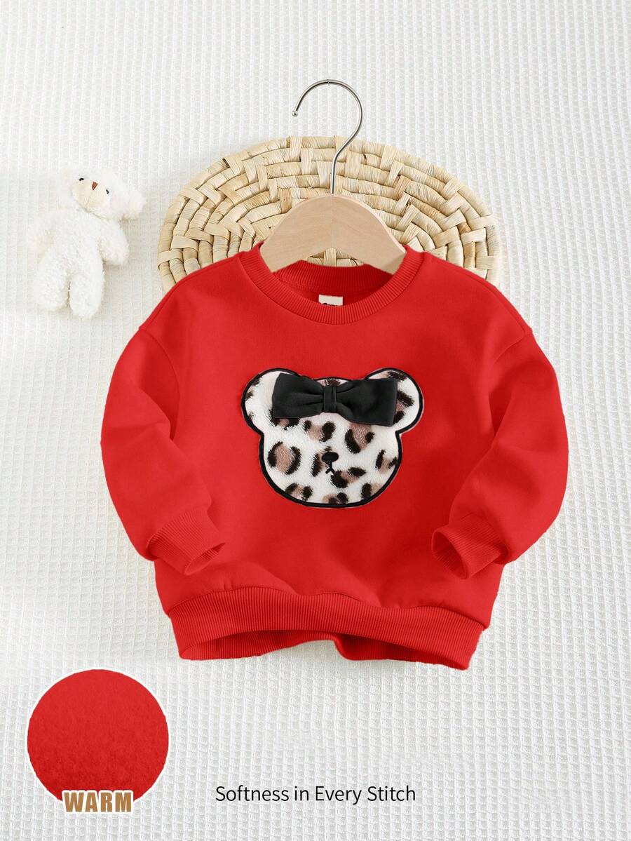 Cozy Pixies Baby Girl 3D Bow Leopard Bear Graphic Round Neck Long Sleeve Pullover Sweatshirt, Casual Sports Outerwear Versatile Red Sweatshirt, Autumn Winter - Red - View 1