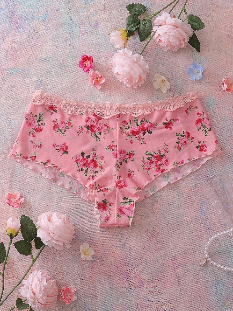 FloralLove Quần lót nữ họa tiết hoa, họa tiết toàn bộ, ren chắp vá, lưới chắp vá, viền xếp nếp, phong cách đồng quê lãng mạn, ngọt ngào & dễ thương, kỳ nghỉ, tiệc tùng - Hồng - Xem 1