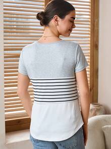 SHEIN 孕妇圆领条纹拼接哺乳功能休闲舒适短袖上衣 - 彩色 - 查看 2