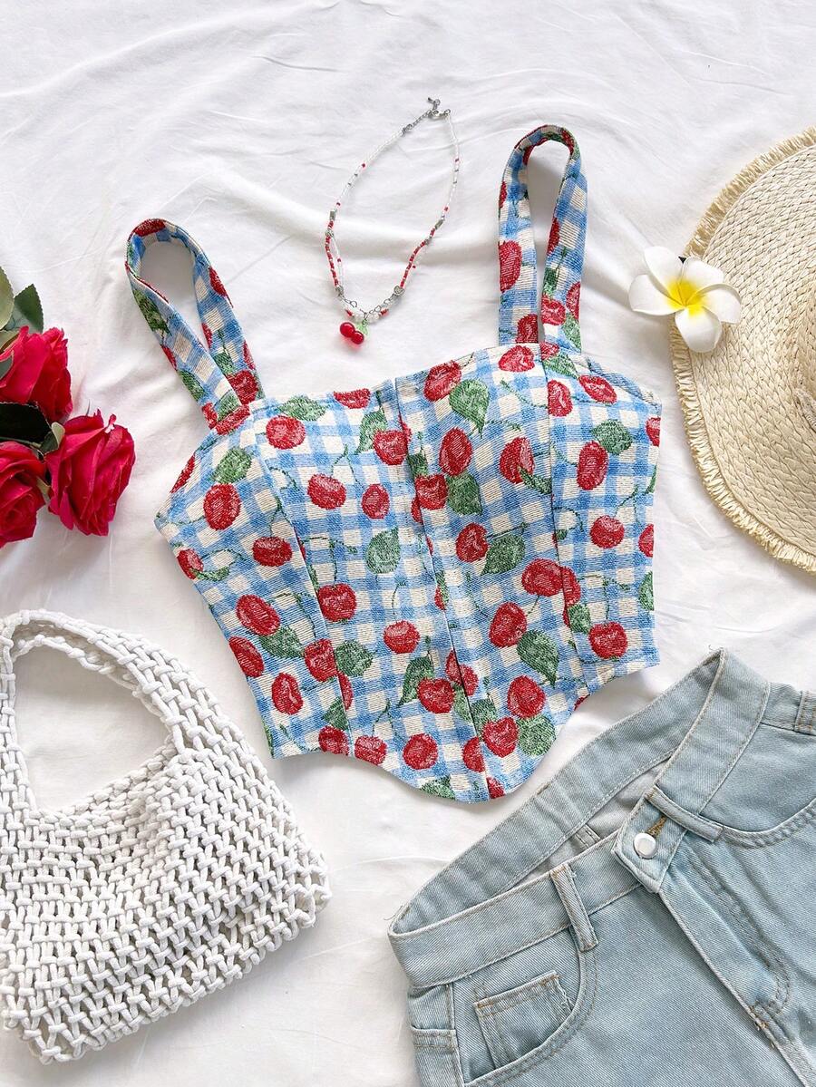 Soleia 女士彩色梭织印花前扣不对称下摆露脐背心，适合叠穿或外穿，秋季款 - 彩色 - 查看 1