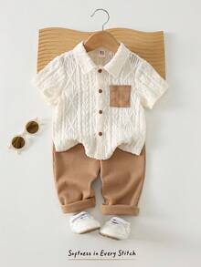 Cozy Pixies 2 Stücke Baby Jungen Set aus einfarbiger Polokragen Kurzarm Strickjacke und Shorts mit Gummibund - Aprikosenfarben - Übersicht 8