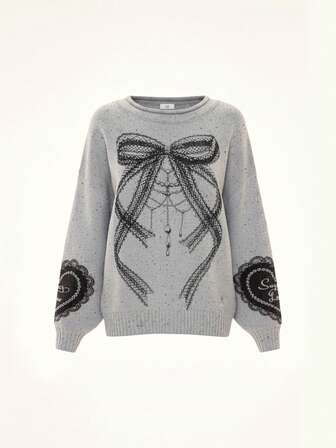 Suéter de encaje jacquard con lazo kawaii y lindo, dulce y encantador