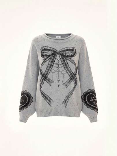 Suéter de encaje jacquard con lazo kawaii y lindo, dulce y encantador