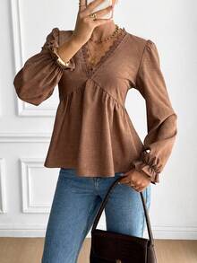 Serisse Women's Solid Color Contrast Lace V-Neck Long Sleeve Casual French Elegant Shirt Teachers' Day Office Brunch Coffee Brown Autumn - Brown - View 3