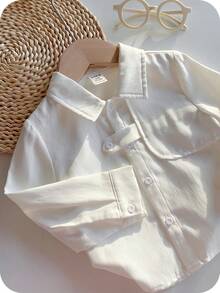 SHEIN Ropa de bebé niño, blusa de manga larga tejida de cuello blanco versátil y casual, estilo minimalista básico y cómodo, adecuado para primavera, verano, otoño, invierno, interior, exterior, diario, deportes, fiesta, sesión de fotos, festival, ropa de calle, Navidad, Año Nuevo, regreso a la escuela, camisa de bebé con botones - Blanco - Ver 5