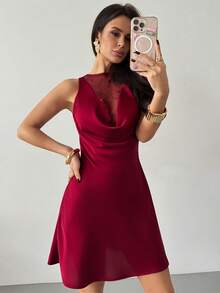 Firerie Elegant Red Sleeveless Mini Tank Dress With Draped Round Neck And Semi-Sheer Detail For Women - Red - View 8