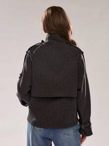 Glamine Women's Winter Retro Lapel Double-Breasted Loose Short-Sleeve Long-Sleeve Jacket, Dark Gray, Autumn-Winter Style - Dark Grey - View 5