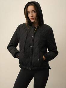 SHEIN With My Calm 女士秋冬连帽菱形绗缝轻薄羽绒服 - 黑色 - 查看 5