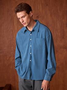 Officeau 男士灯芯绒日常通勤休闲学院风拼接口袋纯色长袖衬衫，适合春秋季穿着 - 青碧色 - 查看 3