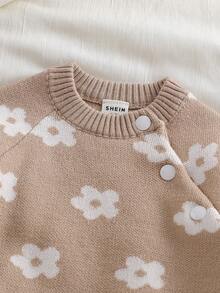 SHEIN 新生儿花卉提花插肩袖毛衣和针织裤套装 - 駝色 - 查看 3