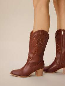 Styleloop Women's Casual Vintage Chunky Heel Mid-Calf Boots, Suitable For Christmas, Thanksgiving, Party, New Year Outfit - Mocha Brown - View 6