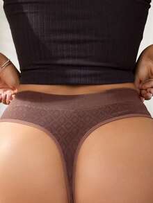 1 pieza Tanga sin costuras con patrón jacquard de unicolor minimalista de talla grande - Café integral - Ver 2