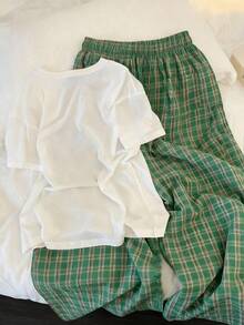 Resyla 女士休闲通勤及度假风3D梨形印花短袖白色T恤搭配格子印花抽绳腰宽松阔腿裤两件套，夏季 - 彩色 - 查看 2